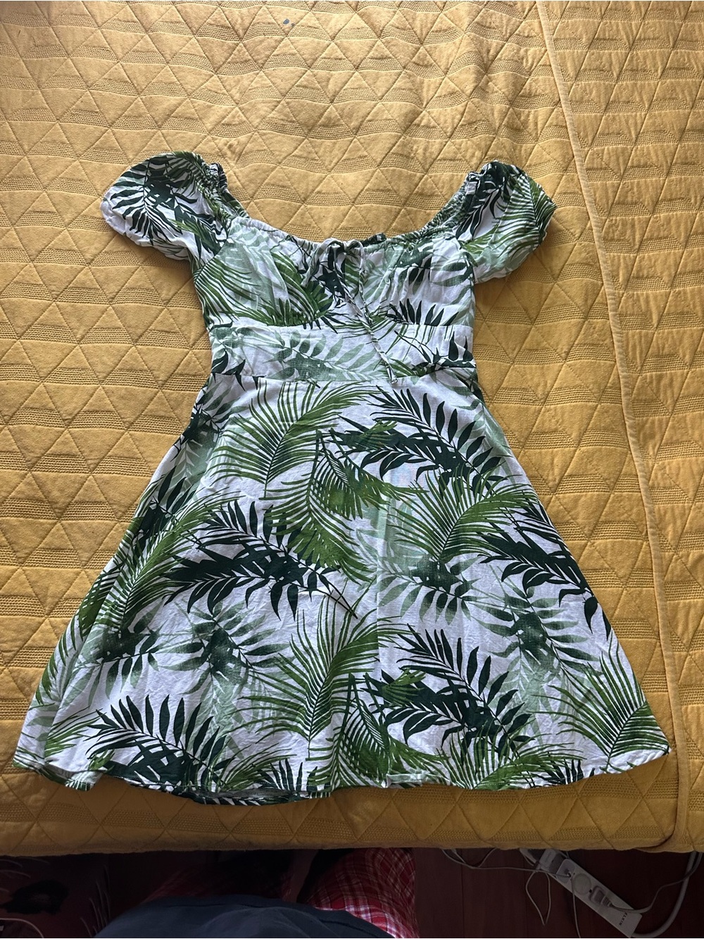 Green Palm-Print Off-Shoulder Dress